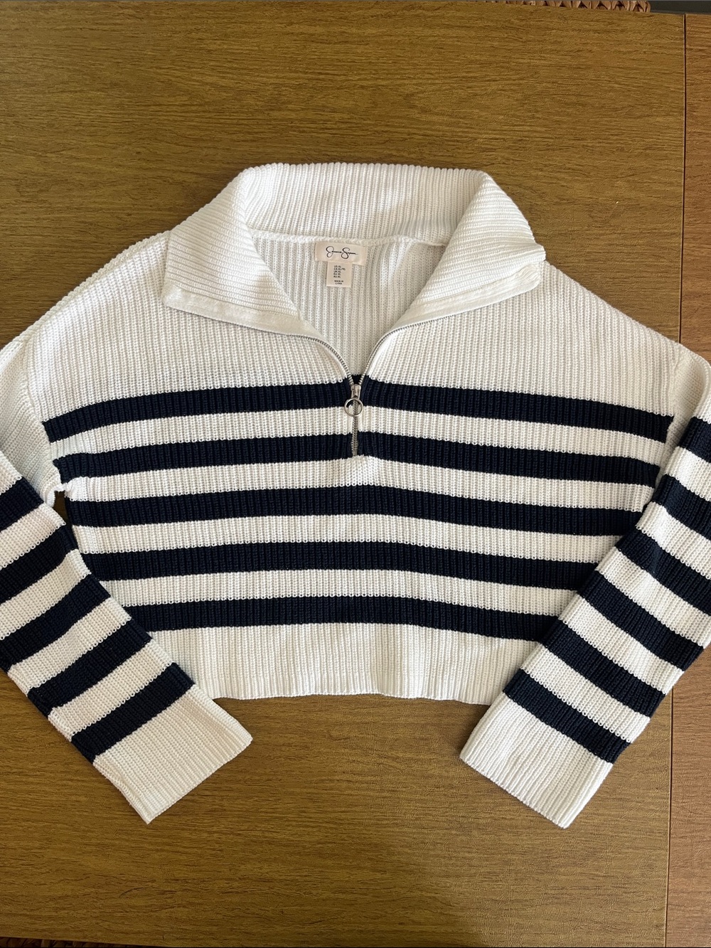 Jessica Simpson White & Navy Striped Half-Zip Sweater, Cropped Boxy Style, Sz XL
